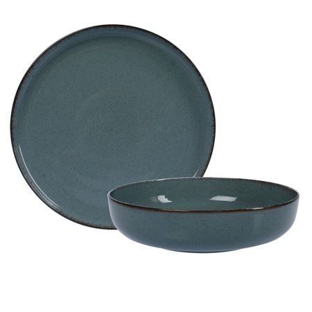 Set X 12 Plato Playo Bowl Envejecido Porcelana Azul