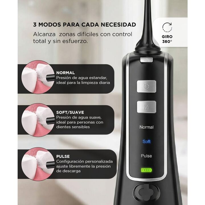 Irrigador Bucal Portátil Nicefeel FC256 200 ml IPX7 Batería 1400 mAh 3 Modos 2 Boquillas Rotación 360 Grados2 - Vista 3