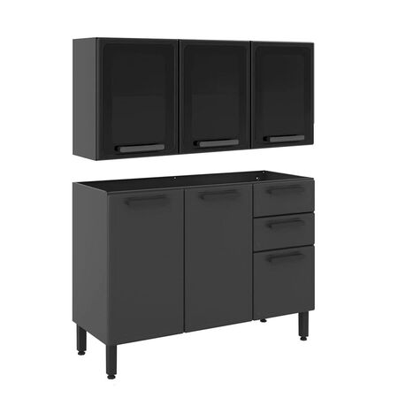 Combo Bajo Mesada y Alacena Bertolini 7024831/7009831 Estilo Gris + Mesada Acero Inox Mi Pileta 1.20M