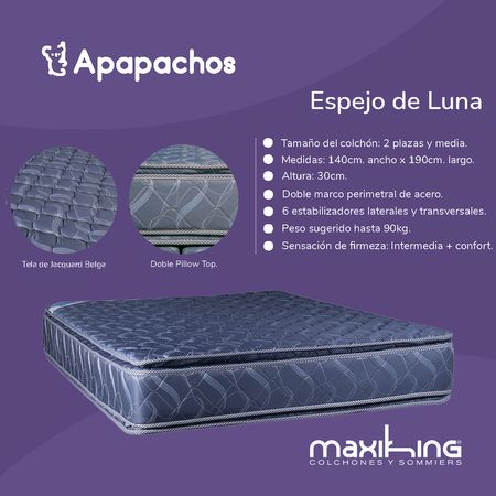 Colchon Maxiking Espejo de Luna 2 Plazas y Media 140x190x30 de Resortes Bonnell Doble Pillow de Jackard