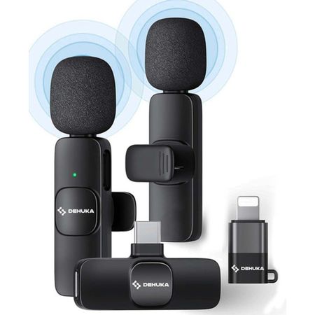 Microfono Corbatero Inalambrico Compatible Celular Color Negro Dehuka Usb-c Lightning Ideal Influencer Creador De Contenido