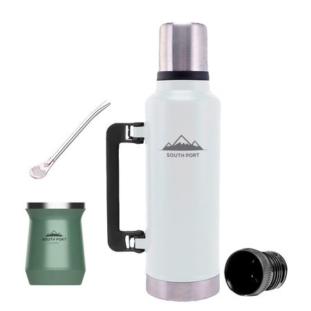 Kit de Termo Blanco 1.3 Litros, Mate Verde y Bombilla South Port Acero Inoxidable