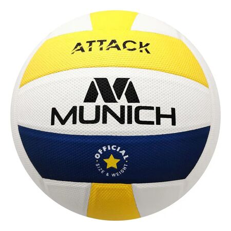 Pelota De Voley Munich Attack Costura Laminated Profesional Blanco/Amarillo/Azul