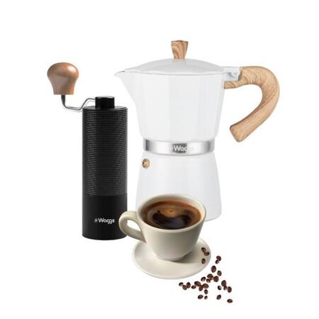 Set Cafetera Moka Italiana Y Molinillo Regulable Ainox Waggs Blanco