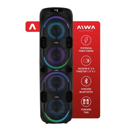 Parlante Aiwa Bluetooth Torre 3500w Pmpo 4 Woofers 8" Con Luces Led Tws Batería