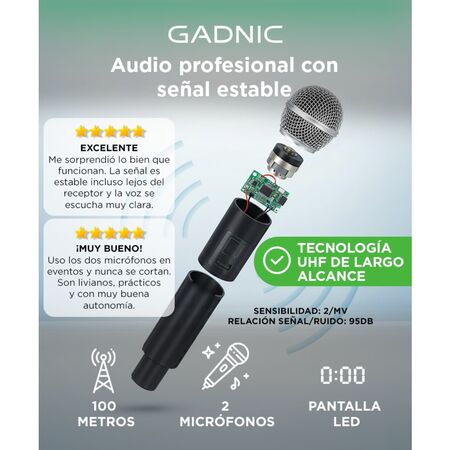 Micrófono Gadnic Inalámbrico Profesional de Mano 100mts 2CH 2Mic