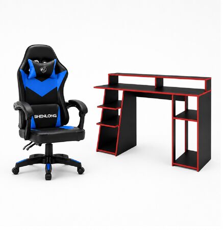 COMBO SILLA GAMER SHENLONG SH-GC135 NEGRA Y AZUL + ESCRITORIO ES0009 FIPLASTO