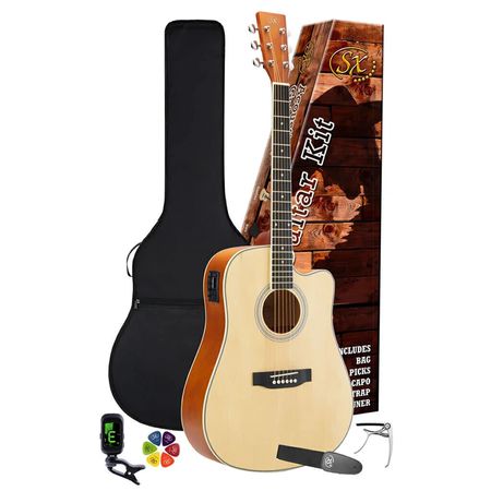 SX SD104CEK Natural. Pack guitarra electroacústica dreadnought con preamp.
