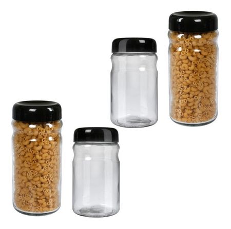 Set X 4 Frasco Vidrio Hermético Cierre Rosca Tapa Plástica Negro