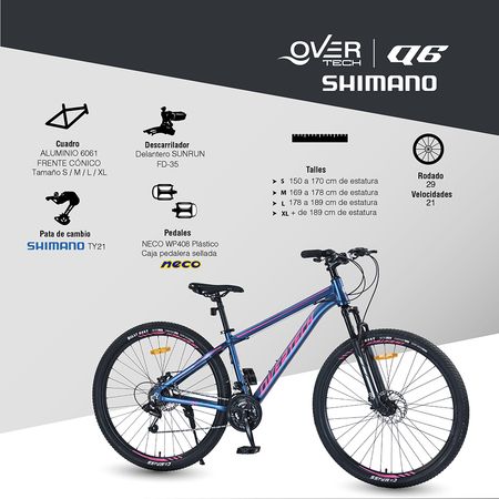 Bicicleta Mtb Overtech Q6 R29 Aluminio , 21v Shimano , Freno A Disco, Suspensión , Negro/azul/azul, Talle M