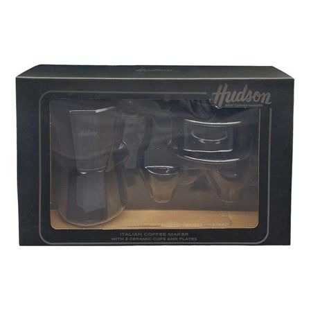 Set Cafetera Italiana + 2 Platos + 2 Pocillos Cerámica BLACK