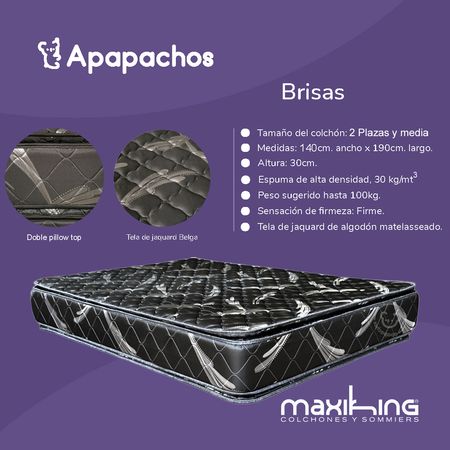 Colchon Maxiking Brisas 2 Plazas y Media 140x190x30cm Espuma de Alta Densidad Doble Pillow de Jackard