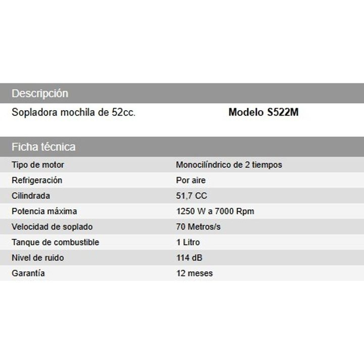 Sopladora mochila de 52cc - Modelo S522M - Vista 3