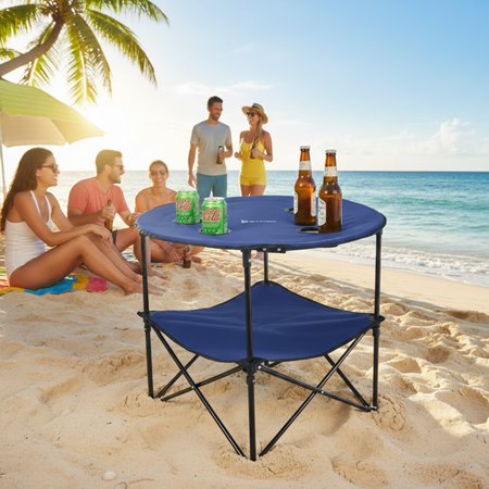 Mesa plegable de camping playa Bynox con posa vasos azul FI-MSPLBA-AZ