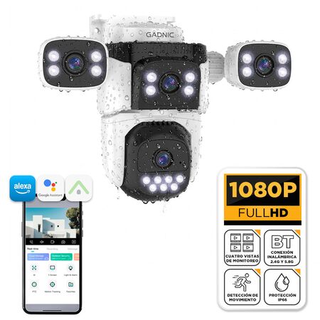 Cámara de Seguridad Gadnic WiFi BT con Control Desde App 1080P 4 Lentes Exterior
