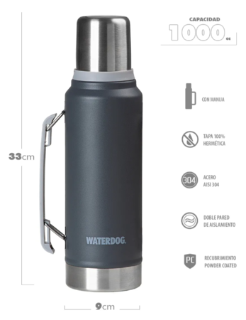 Termo acero inox  Waterdog con manija 1 litro GRIS OSCURO