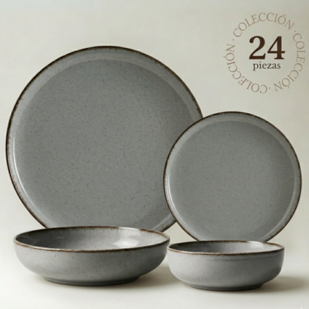 Vajilla 24 piezas Plato Playo Postre Bowl Porcelana Filo Envejecido Gris 