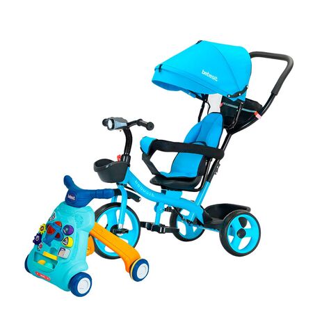 Combo Caminador Musical - Celeste + Triciclo Premium 360° Luz Y Barra Empuje Azul