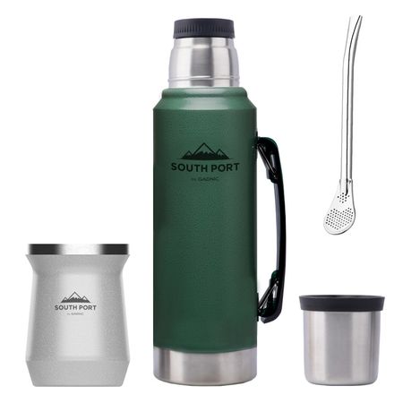 Kit de Termo Verde 1L, Mate Blanco y Bombilla South Port Acero Inoxidable