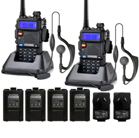 Handy Baofeng UV-5R Kit x2 Bi-Banda 5w Hasta 12km + 4 Baterías y 2 Manos Libres