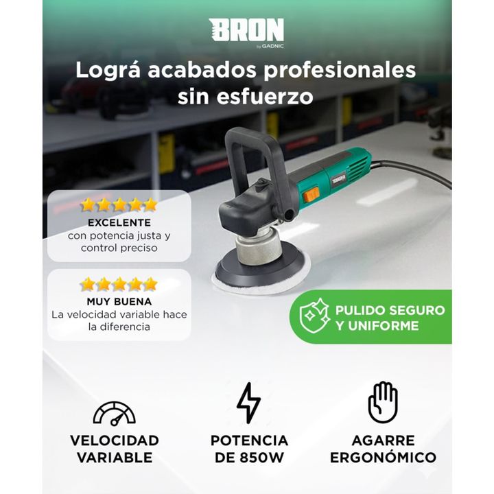 Pulidora Eléctrica BRON By Gadnic 850W Orbital Doble Acción 150mm 2000 A 6400 RPM - Vista 2
