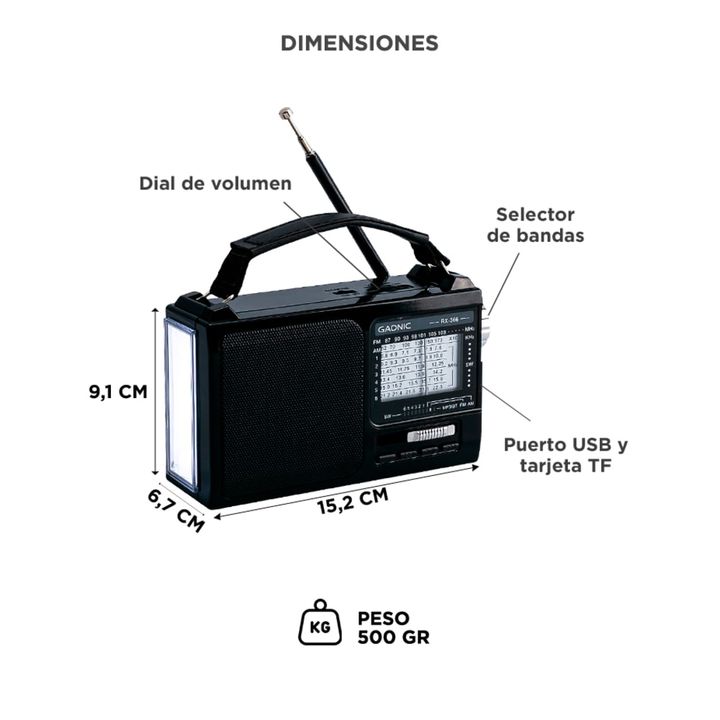 Radio Portatil BT GADNIC Inalámbrica AMFM Recargable Con Luz - Vista 5