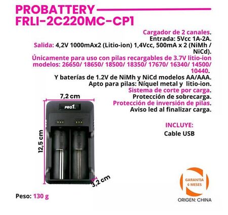 CARGADOR DE PILAS PROBATTERY PRO1 MULTIPLE 2(BAT)4 CANALES AA/AAA NIMH-NICD (FRLI-432-CP1)