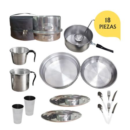 Set camping p 2 pers marmita vajilla cubiertos acero inox