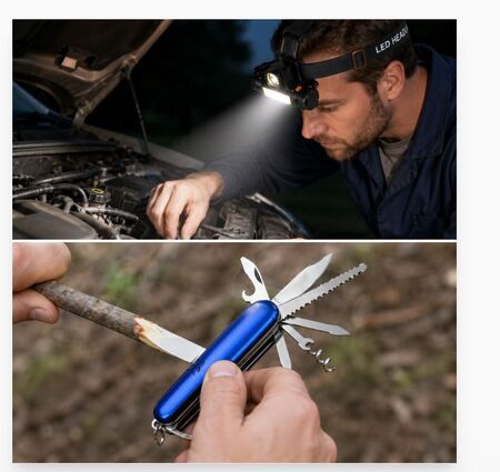 Cortaplumas multifuncion + Linterna vincha recargable doble luz usb