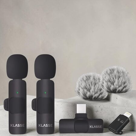 Set x2 Micrófonos Corbateros Inalámbricos Plug & Play para Celular Klasse USB-C + Lightning (KS5101)