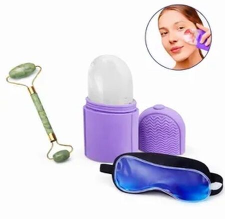 Spa Kit: masajeador jade + rodillo facial gel+ antifaz gel