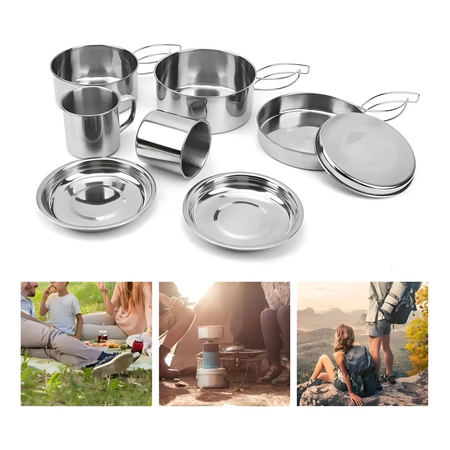 Marmita Camping Acero Inoxidable Ollas Sarten Set 8 Piezas Color Plateado