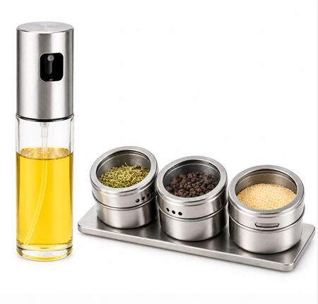 Aceitera spray difusor rociador acero inoxidable + set especiero iman