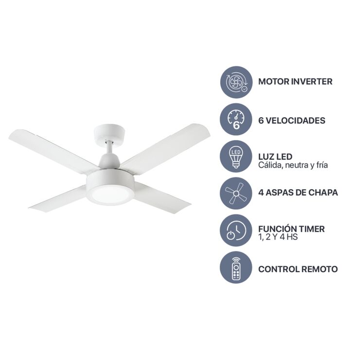 Ventilador de techo Inverter Blanco 4 Aspas metálicas Control Remoto Codini - VTIAR42MB - Vista 1