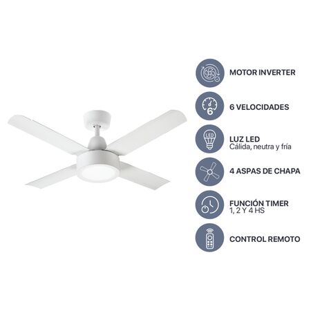 Ventilador de techo Inverter Blanco 4 Aspas metálicas Control Remoto Codini - VTIAR42MB