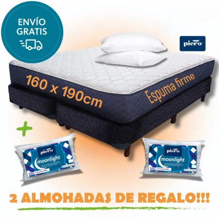 Sommier y Colchon Piero de Espuma Firme Queen. Almohadas de regalo