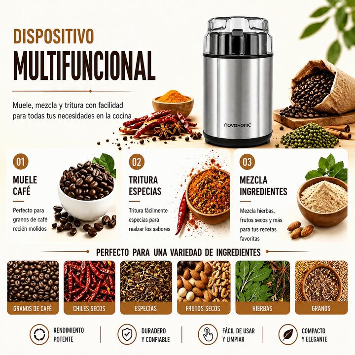 Molinillo De Café Eléctrico Novohome Acero Inox. 200w 60g - Vista 7