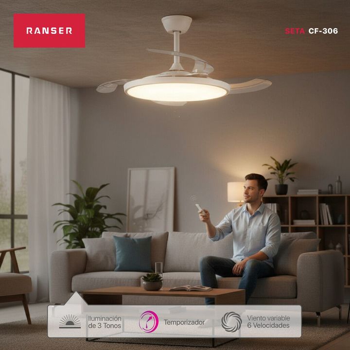 Ventilador de Techo Retractil RANSER ZETA CF-306 Luz Led Slim Blanco - Vista 2