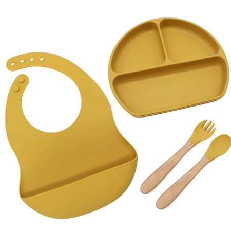 Set Alimentacion Bebe Silicona Gadnic Babero Plato y Cubiertos Amarillo