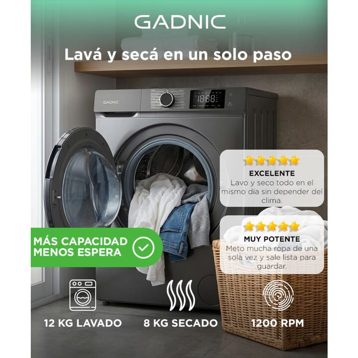 Lavasecarropas Gadnic 12Kg Lavado 8Kg Secado 1200RPM Inverter Automatico Frontal 1800W - Vista 2