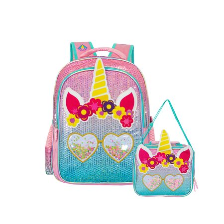 Mochila Escolar Reforzada + Lunchera Infantil Unicornio Lentejuelas Kawaii Nena Primaria