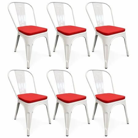 COMBO: 6 Sillas Metálicas Tolix Blanco Brillante + 6 Almohadones Cuerina Dalton Rojo C/Cierre
