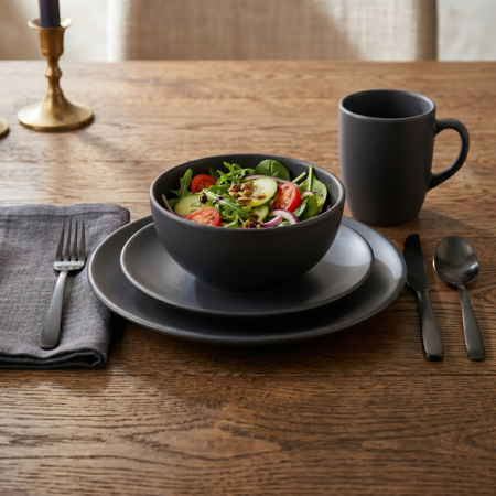 Vajilla 24 Piezas Plato Playo Poste Bowl taza Ceramica Gris Mate