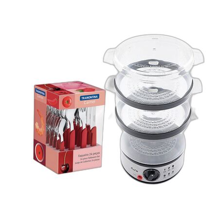 Combo Vaporera Smart-tek SD2091 400W 7.5L + Set Cubiertos Tramontina 24Pz
