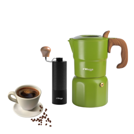 Set Cafetera Moka Italiana Visor Y Molinillo Regulable Waggs Verde