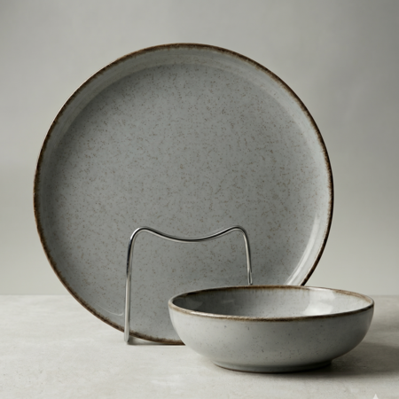 Vajilla 12 piezas Plato Playo Bowl Hondo Porcelana Filo Envejecido Gris 