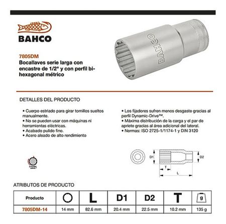 Tubo Hexagonal Bahco Encastre 1/2 Pulgada Largo 14mm Estriado