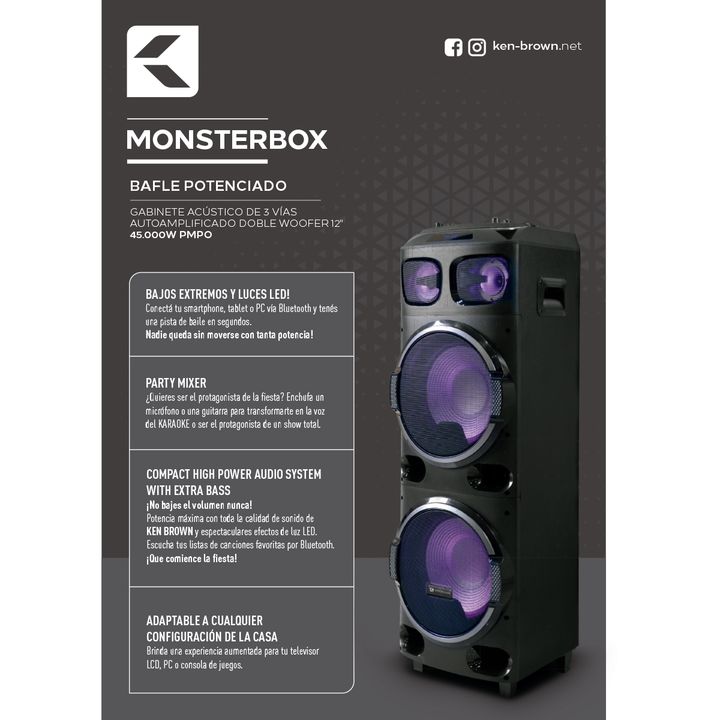 Parlante Bafle Potenciado Ken Brown Monsterbox 3 Vias Woofer Negro - Vista 3