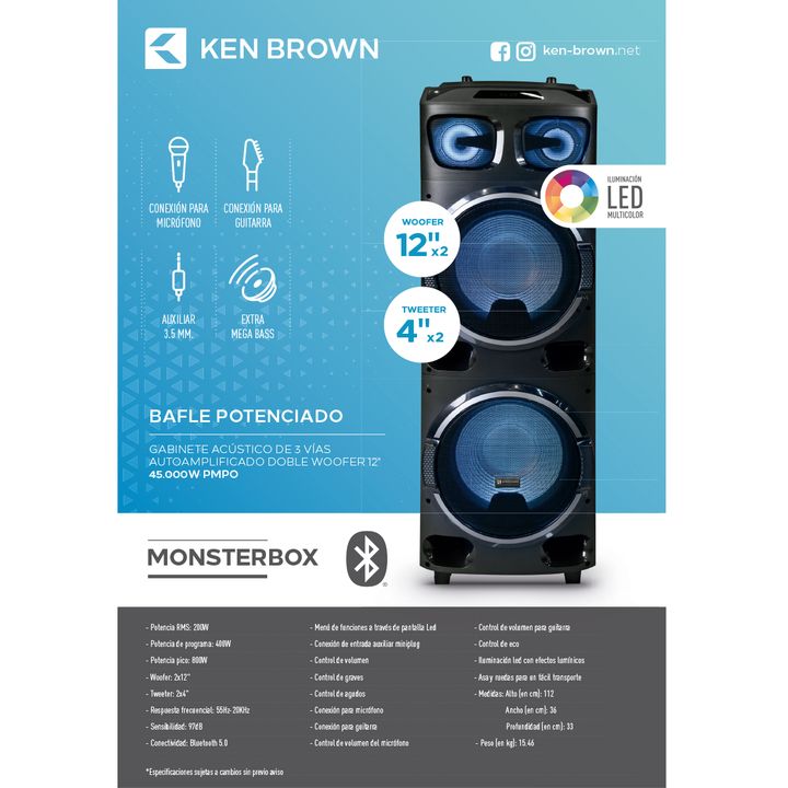 Parlante Bafle Potenciado Ken Brown Monsterbox 3 Vias Woofer Negro - Vista 5