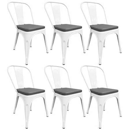 COMBO: 6 Sillas Metálicas Tolix Blanco Brillante + 6 Almohadones Cuerina Dalton Gris C/Cierre